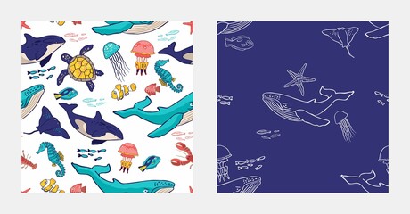 Set of marine seamless patterns with animals, fishes isolated on white. Collection of background with turtles, whale, shark, dolphin, jellyfish for print on fabric, wrapping paper. Vector illustration
