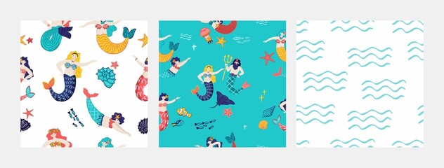 Fototapeta na wymiar set of marine seamless patterns with dancing mermaids, neptune, sea symbols, waves isolated on blue. Collection with Summer backgrounds for print on fabric, wrapping paper. Cartoon vector illustration