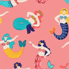 Decorative seamless pattern with mermaids, corals, shells, fish isolated on blue. Marine background with underwater symbols, elements for textile design, wrapping paper, wallpaper. Vector illustration