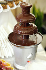 Chocolate fondue fountain and fruit on a table