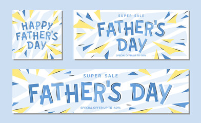 Happy Father's Day sale banner. Holiday background with lettering. Design vector illustration for sales, for ads. - obrazy, fototapety, plakaty