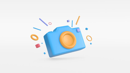 Minimal concept photo camera with lens and button and particle geometry on red pastel background. 3d render