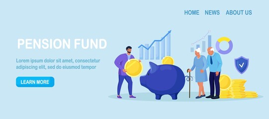 Pension Fund. Long-term Capital Investment. Elderly Husband and Wife are Standing Near Big Piggy Bank and Stack of Money. Pensioners Invest Money. Pension Savings, Insurance and Funded Pension. Vector - obrazy, fototapety, plakaty