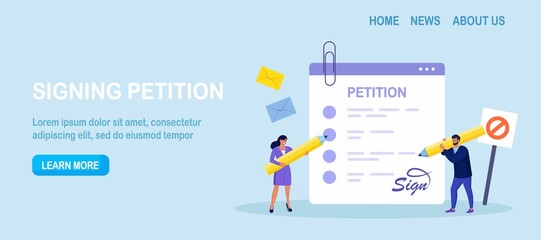 Petition form. People signing and spreading petition or complaint. Online balloting, making choice. Paper, democracy. Collective public appeal document addressed to government