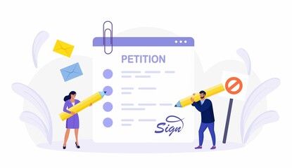 Petition form. People signing and spreading petition or complaint. Online balloting, making choice. Paper, democracy. Collective public appeal document addressed to a government. Vector design