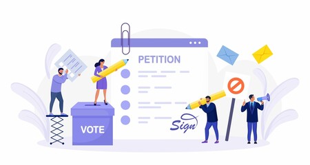 Petition form with vote box. People signing and spreading petition or complaint. Online balloting, making choice. Paper, democracy. Collective public appeal document addressed to a government