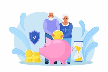 Elderly husband and wife throwing coins into piggy bank. Pensioners couple keeping money in bank deposit account. Pension savings investment in retirement mutual fund. Retirement, family budget Vector