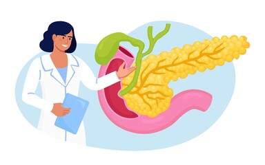 Pancreatitis concept. Gastroenterologist diagnose pancreas inflammation. Doctor examine patient. Digestive system disease treatment. Internal organs cancer. Vector design