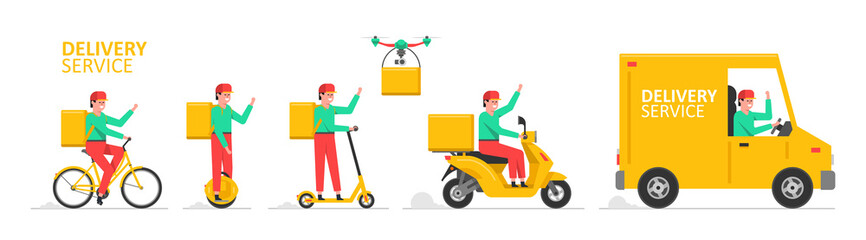 Online delivery service. Truck, drone, electric scooter, gyroboard, scooter and bicycle courier. Delivery service concept