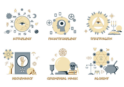 A set of images of symbols of various occult sciences. Vector concepts of esoteric directions.