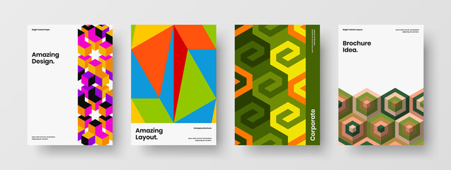 Unique geometric tiles corporate brochure template set. Multicolored book cover design vector concept bundle.