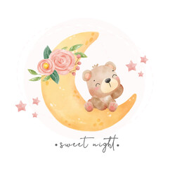 cute baby teddy bear on the floral crescent, sweet night, nursery animal cartoon hand drawn watercolor vector