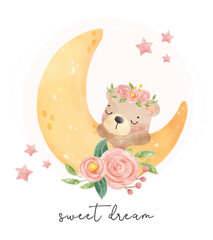 cute  sleeping baby teddy bear on the floral crescent, nursery animal cartoon hand drawn watercolor vector