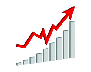 Business graph with going up red arrow on white background, Profit red arrow, Vector illustration.Business concept, growing chart. Concept of sales symbol icon with arrow moving up. Economic Arrow.