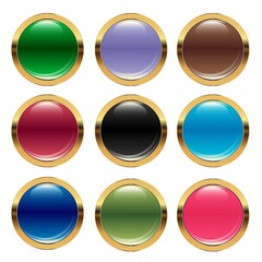 Set of colored round buttons with gold vector design element with space for your text