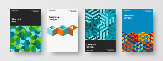 Isolated leaflet A4 vector design concept bundle. Simple mosaic tiles presentation layout collection.