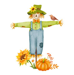 Watercolor scarecrow character with bird, sunflower and pumpkin isolated on white. Autumn decor. Fall composition - obrazy, fototapety, plakaty