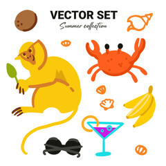Vector set of summer tropical vacation items. Vacation in the hotel and in the wild.