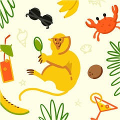 Tropical vacation vector illustration with monkey with drinks, coconuts and bananas