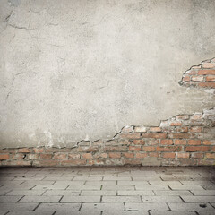 red brick wall texture bright plastered wall and blocks road pavement abandoned exterior urban...
