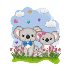 Clip art of a pair of koalas boy and girl. Vector illustration of a cute animal. Cute little illustration of koala for kids, baby book, fairy tales, covers, baby shower invitation, textile t-shirt.
