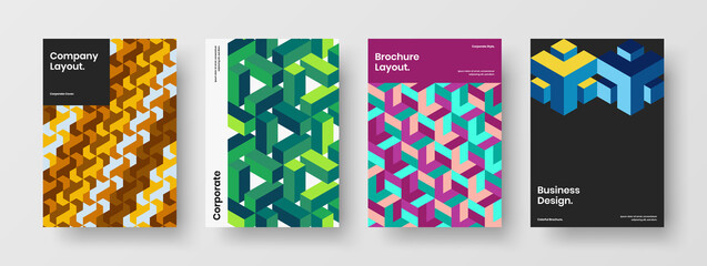 Fresh corporate brochure vector design concept set. Trendy geometric hexagons cover template bundle.