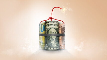 Rolls of world global money symbolizing bomb - dynamite with lit fuse
