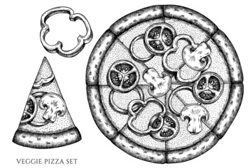 Pizza vintage vector illustrations collection. Black and white veggie pizza.