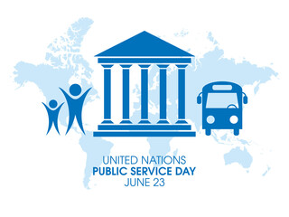 United Nations Public Service Day vector. People, bank building and bus silhouette icon set. June 23 of every year. Public services design element. Important day