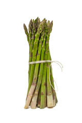Mazzo di asparagi legato, in piedi, isolato su sfondo bianco