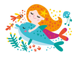 Card for girl. Vector isolated illustration with beautiful mermaid on a
white background.