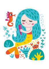 Card for girl. Vector isolated illustration with beautiful mermaid on a
white background.