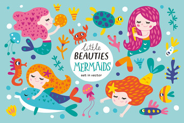 Set with mermaids and ocean creatures for girl. Vector isolated illustrations on a blue background.