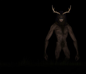 Strange creature with antlers posing against a black background