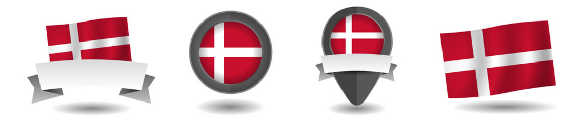 Obraz premium Denmark flag vector collection. Pointers, flags and banners flat icon. Vector state signs illustration isolated on white background. Denmark flag symbol on design element.
