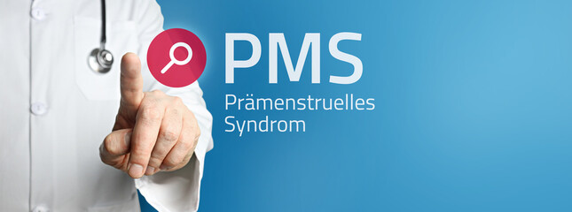 PMS (Prämenstruelles Syndrom). Arzt zeigt mit Finger auf Suchfeld im Internet. Text steht in der...