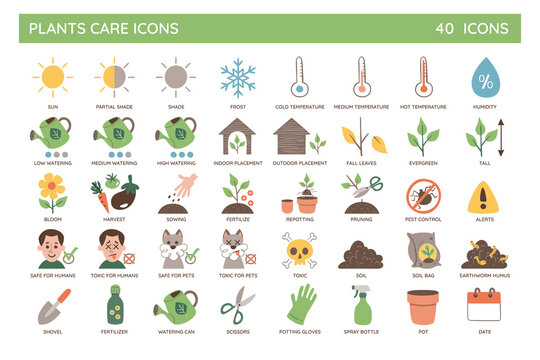 Plant care icon set. Collection of 40 icons to describe the characteristics and care needs of each type of plant. Colorful vector icons isolated on white background.