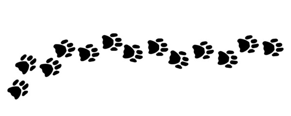 Pet prints. Paw pattern. Footprints for pets, dog or cat. Foot puppy. Black silhouette shape paw print. Footprint pet. Animal track. Trace dogs, cats. Cute background turn right. Design walks. Vector - obrazy, fototapety, plakaty