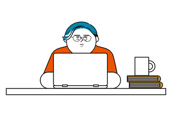 涙ぐむ男性とパソコン