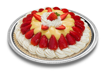 gorgeous strawberry and cream cake on a silver tray and isolated over white background