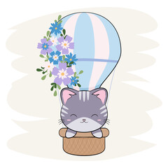Mały uroczy kotek w niebieskim balonie. Ręcznie rysowana ilustracja. Słodki zabawny zwierzak.