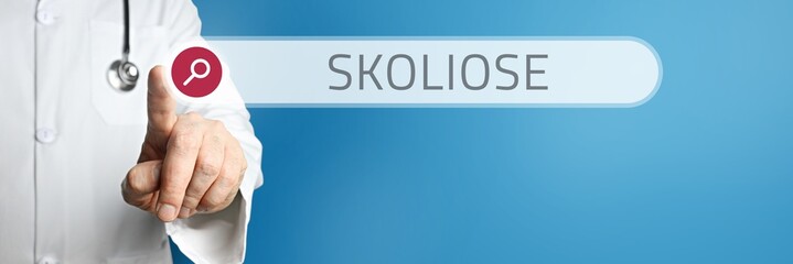 Skoliose. Arzt zeigt mit Finger auf Suchfeld im Internet. Text steht in der Suche. Blauer...