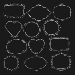 Vector set of hand drawn frames  in graphic style. Collection of isolated hearts, circles etc. For packaging templates, labels, tags or stamps and badges, cards invitations stickers, banner, branding.