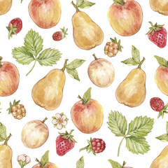 Watercolor seamless pattern with vintage pear, apple, strawberry and leaves. Isolated on white background.