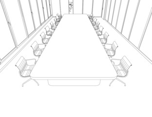 Outline of a meeting room with a large oval table and many chairs from black lines isolated on a white background. Vector illustration.
