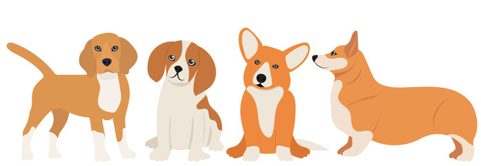 small dogs in flat design isolated, vector