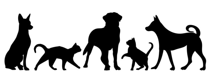 cats and dogs silhouette on white background, isolated