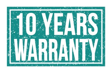 10 YEARS WARRANTY, words on blue rectangle stamp sign