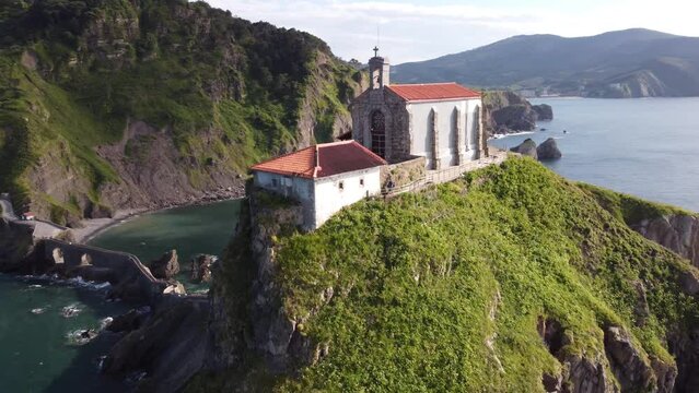 aerial video footage of the shrine of San Juan de Gaztelugatxe in the basque coast in Basque Country, Spain