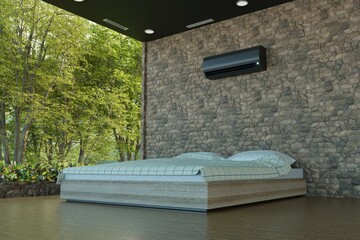 black air conditioner in the room on the background of the bed 3d